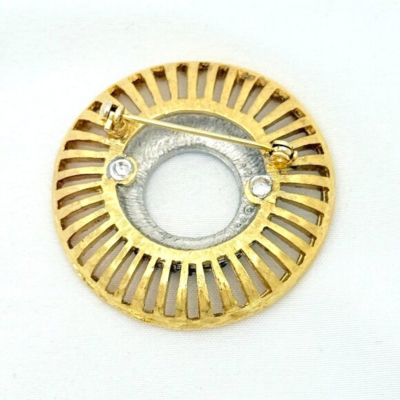 Vintage MCM Gold Tone Brooch Concave Geometric w/Pave Set Rhinestones - Picture 5 of 5